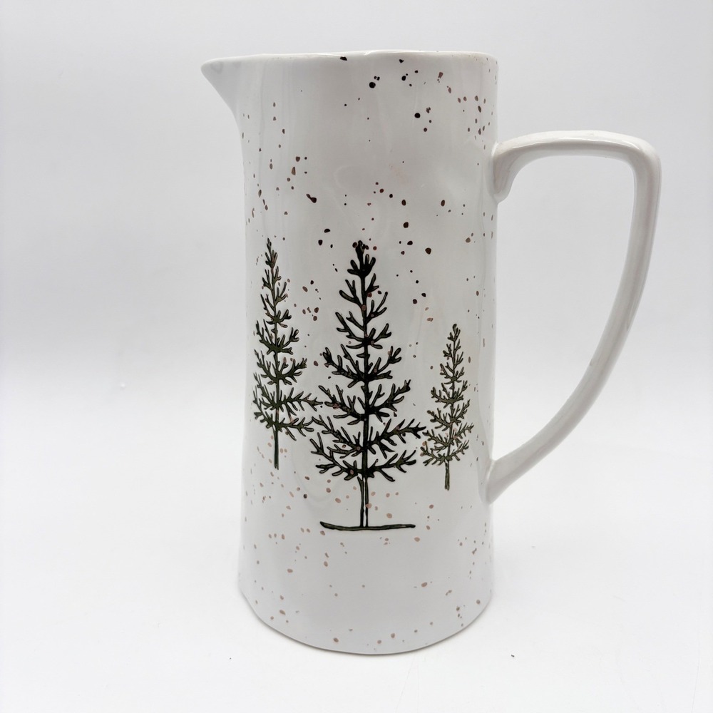 Potters Studio Speckled Ceramic Pitcher Evergreen Trees, White Farmhouse Decor